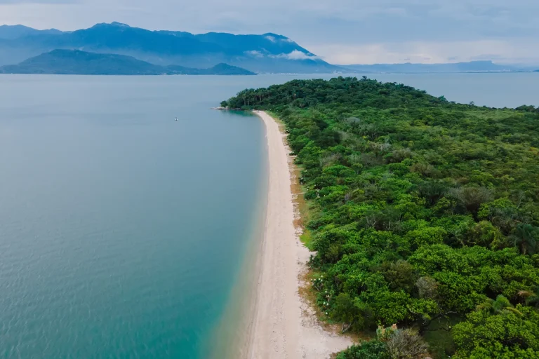 Vista aérea de una playa salvaje rodeada de montañas en Florianópolis, Brasil