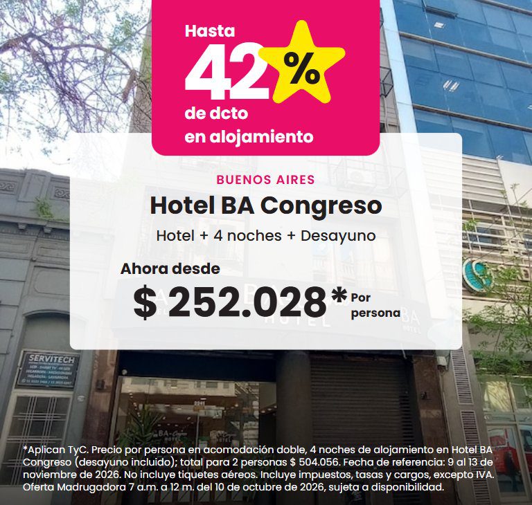Hotel BA Congreso, Buenos Aires. Hotel con desayuno incluido, hasta 42 % de descuento en alojamiento. Ahora desde $252.028 por persona.