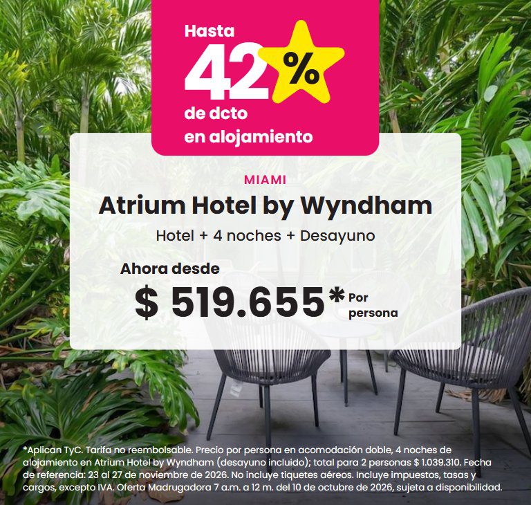 Atrium Hotel by Wyndham, Miami. Hotel con desayuno incluido, hasta 42 % de descuento en alojamiento. Ahora desde $519.655 por persona.