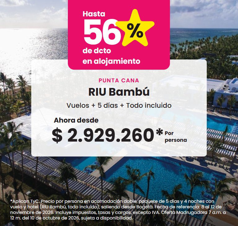 RIU Bambú, Punta Cana. Todo incluido, hasta 56 % de descuento en alojamiento. Ahora desde $2.929.260 por persona.
