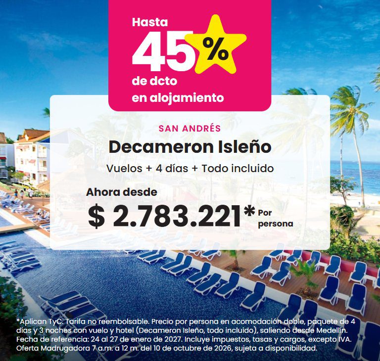 Decameron Isleño, San Andrés. Todo incluido, hasta 45 % de descuento en alojamiento. Ahora desde $2.783.221 por persona.