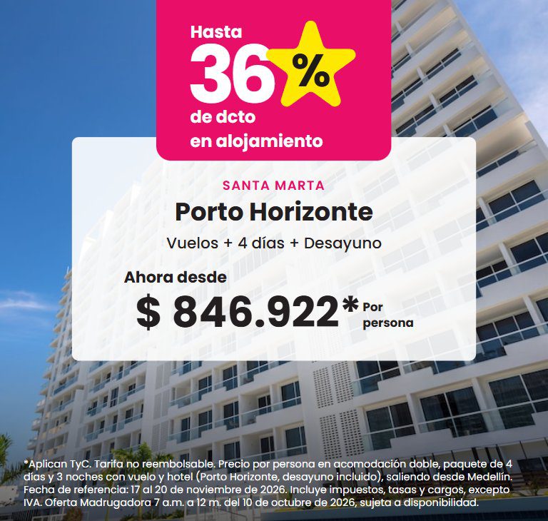 Porto Horizonte, Santa Marta. Desayuno incluido, hasta 36 % de descuento en alojamiento. Ahora desde $846.922 por persona.