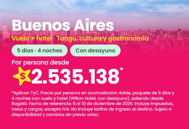 Paquete a Buenos Aires: Wilton Hotel, 5 días y 4 noches con vuelo y desayuno, del 6 al 10 de diciembre de 2026, desde $2.535.138 por persona