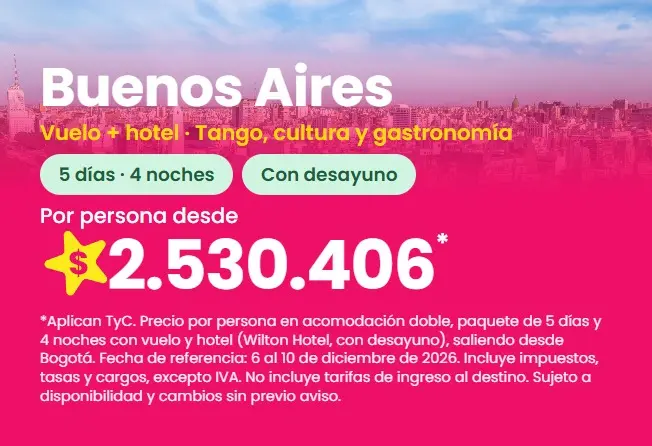 Paquete a Buenos Aires: Wilton Hotel, 5 días y 4 noches con vuelo y desayuno, del 6 al 10 de diciembre de 2026, desde $2.530.406 por persona