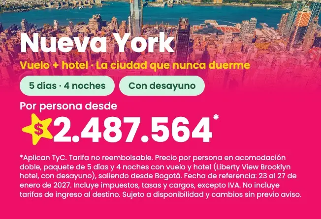 Paquete a Nueva York: Liberty View Brooklyn hotel, 5 días y 4 noches con vuelo y desayuno, del 23 al 27 de enero de 2027, desde .487.564 por persona