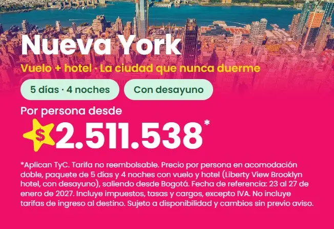 Paquete a Nueva York: Liberty View Brooklyn hotel, 5 días y 4 noches con vuelo y desayuno, del 23 al 27 de enero de 2027, desde $2.511.538 por persona