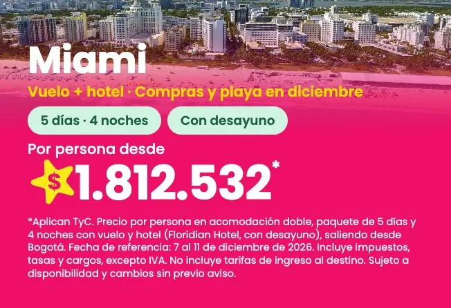 Paquete a Miami: Floridian Hotel, 5 días y 4 noches con vuelo y desayuno, del 7 al 11 de diciembre de 2026, desde <img loading=