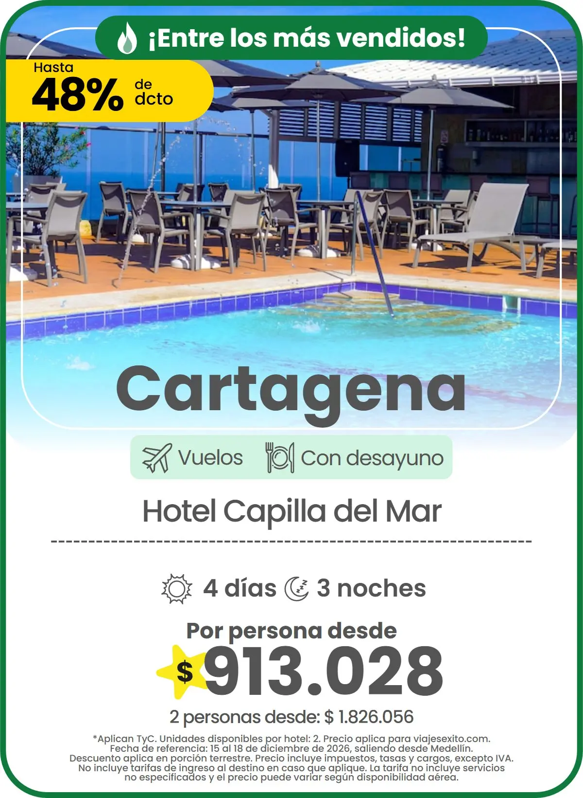 Paquete a Cartagena: Hotel Capilla del Mar, con desayuno, 4 días y 3 noches con vuelos, hasta 48% de descuento en alojamiento, por persona desde $913.028.