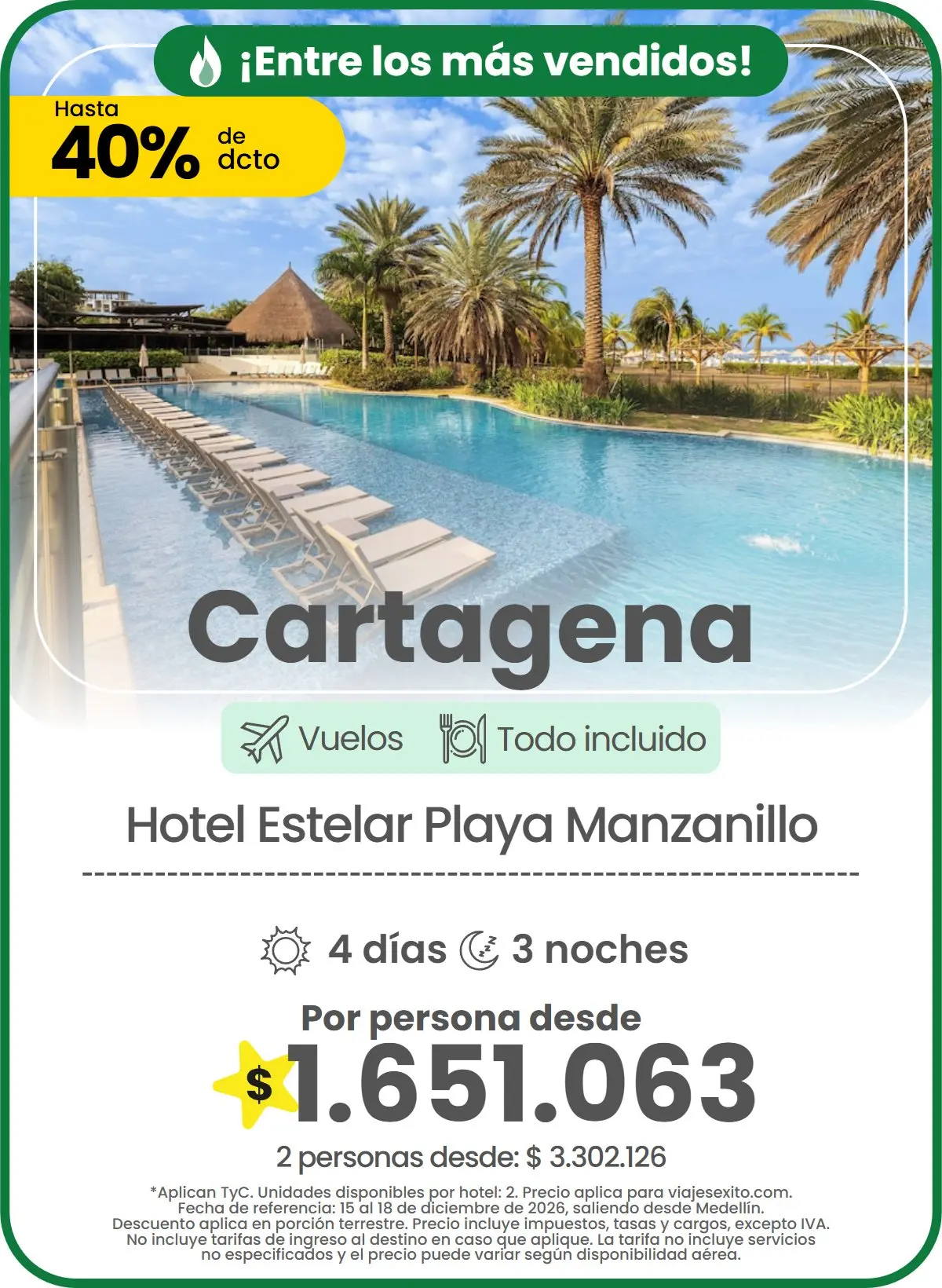Paquete a Cartagena: Hotel Estelar Playa Manzanillo, todo incluido, 4 días y 3 noches con vuelos, hasta 40% de descuento en alojamiento, por persona desde $1.651.063.