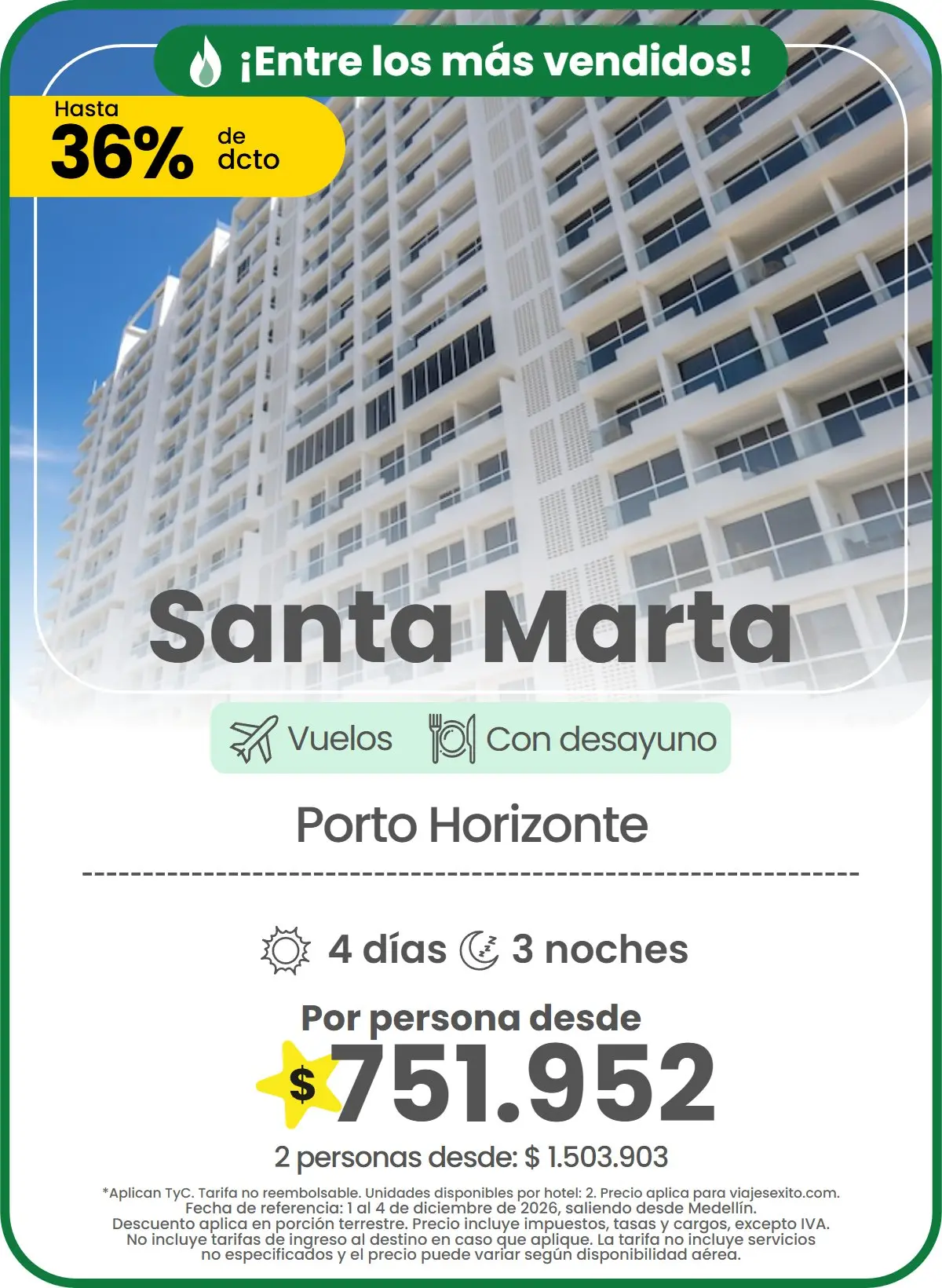 Paquete a Santa Marta: Porto Horizonte, con desayuno, 4 días y 3 noches con vuelos, hasta 36% de descuento en alojamiento, por persona desde $751.952.