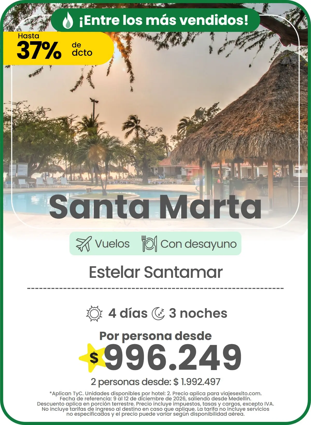 Paquete a Santa Marta: Estelar Santamar, con desayuno, 4 días y 3 noches con vuelos, hasta 37% de descuento en alojamiento, por persona desde $996.249.