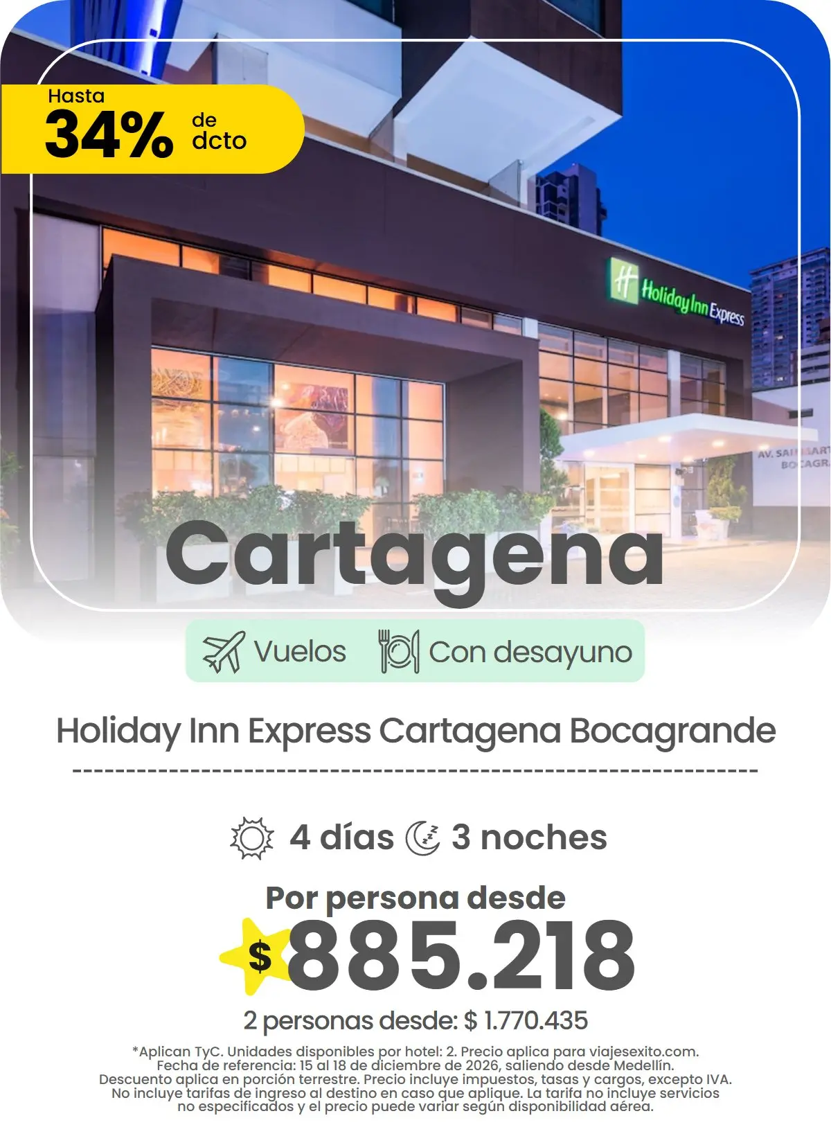 Paquete a Cartagena: Holiday Inn Express Cartagena Bocagrande, con desayuno, 4 días y 3 noches con vuelos, hasta 34% de descuento en alojamiento, por persona desde $885.218.
