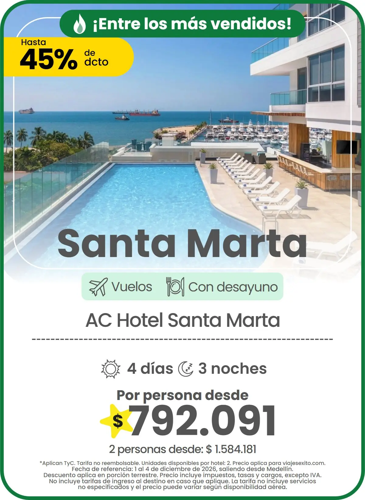 Paquete a Santa Marta: AC Hotel Santa Marta, con desayuno, 4 días y 3 noches con vuelos, hasta 45% de descuento en alojamiento, por persona desde $792.091.