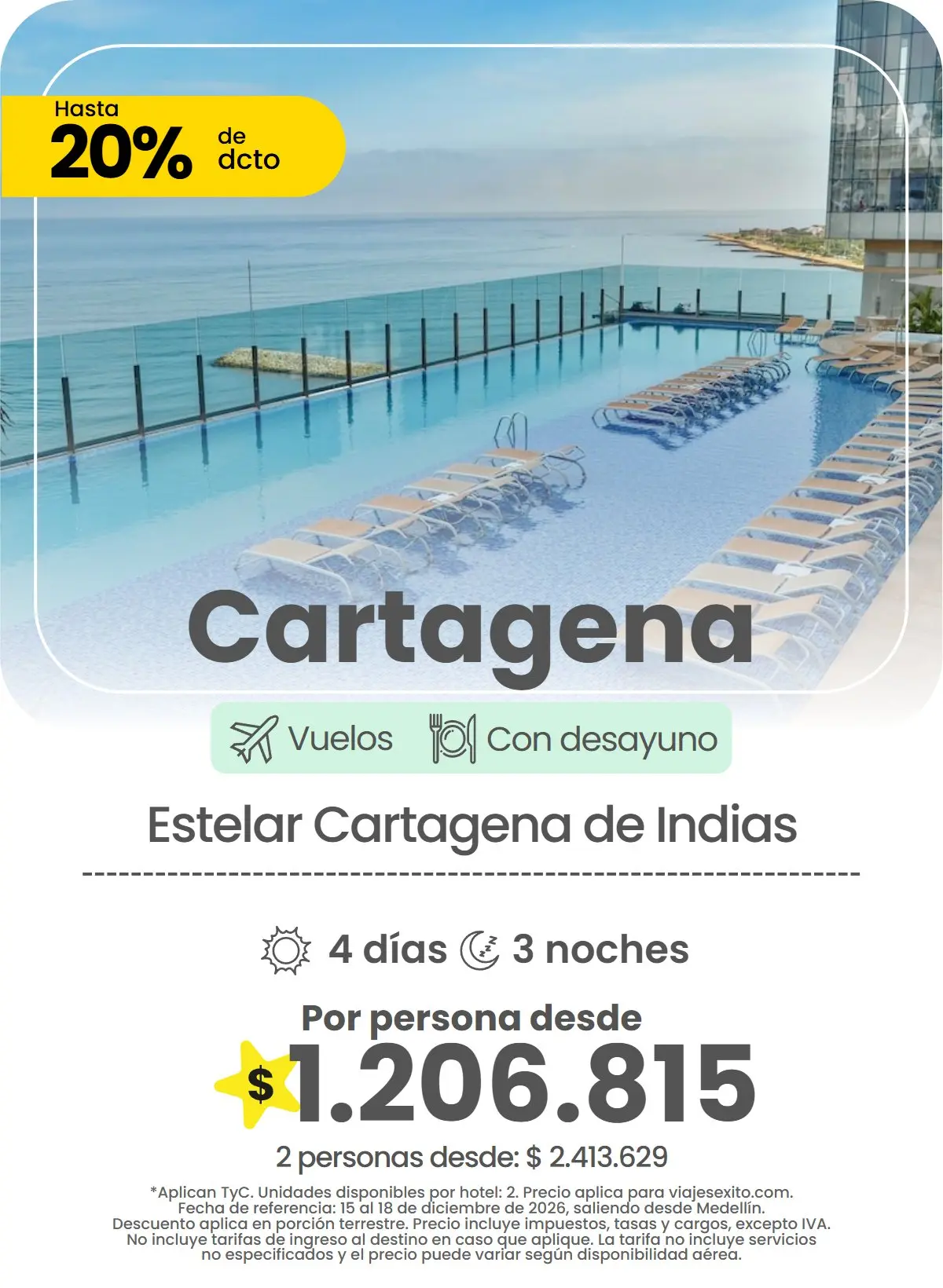 Paquete a Cartagena: Estelar Cartagena de Indias, con desayuno, 4 días y 3 noches con vuelos, hasta 20% de descuento en alojamiento, por persona desde $1.206.815.
