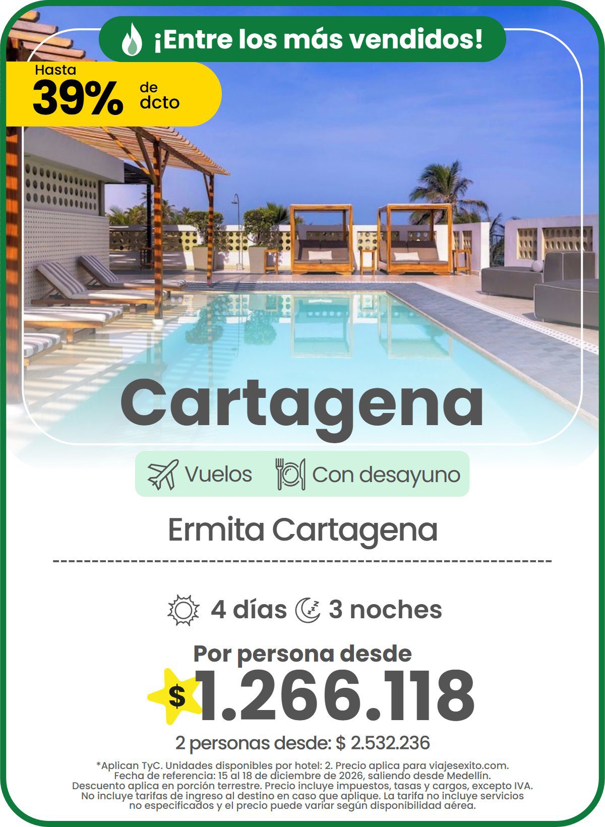 Paquete a Cartagena: Ermita Cartagena, con desayuno, 4 días y 3 noches con vuelos, hasta 39% de descuento en alojamiento, por persona desde $1.266.118.