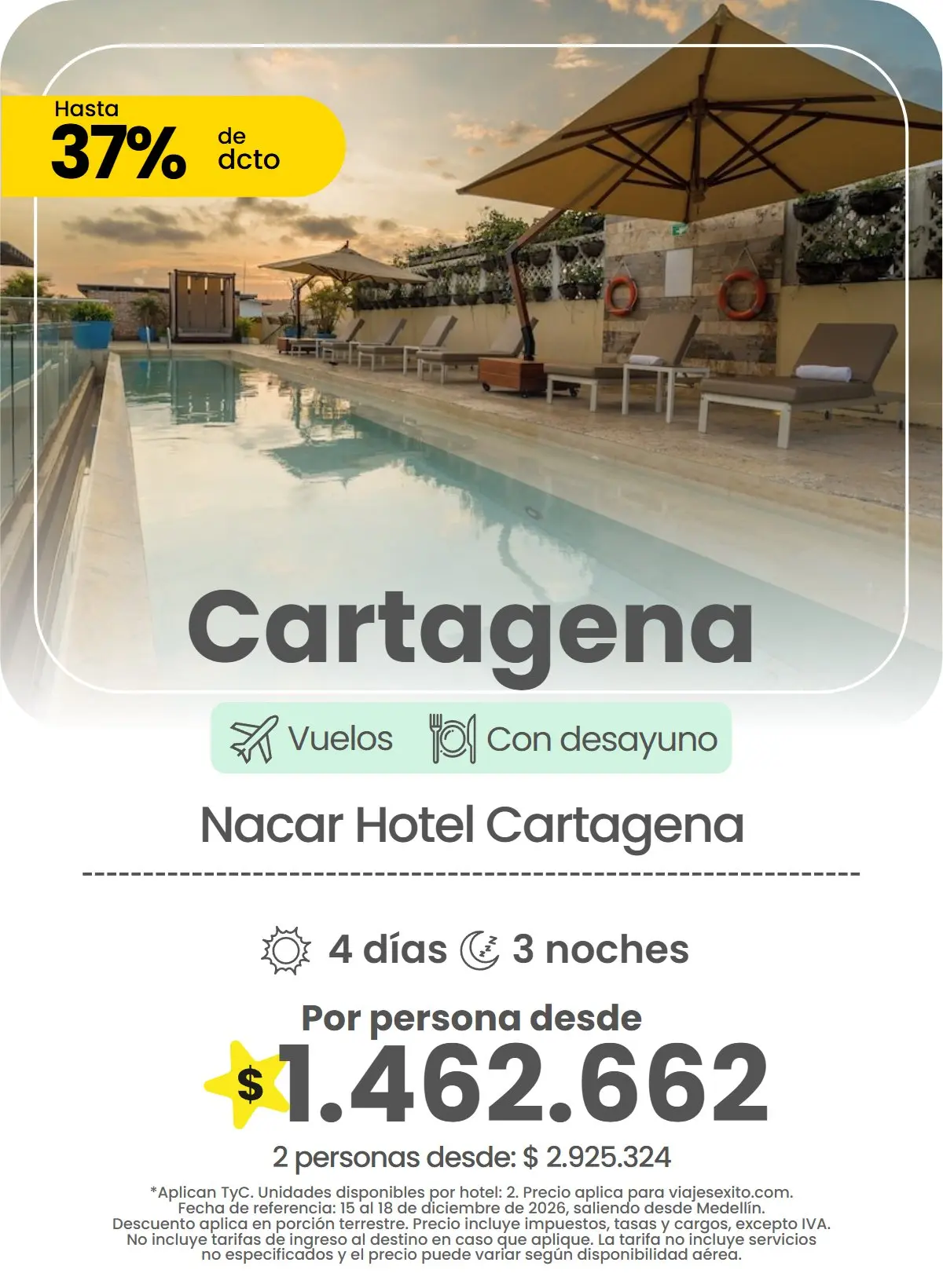 Paquete a Cartagena: Nacar Hotel Cartagena, con desayuno, 4 días y 3 noches con vuelos, hasta 37% de descuento en alojamiento, por persona desde $1.462.662.