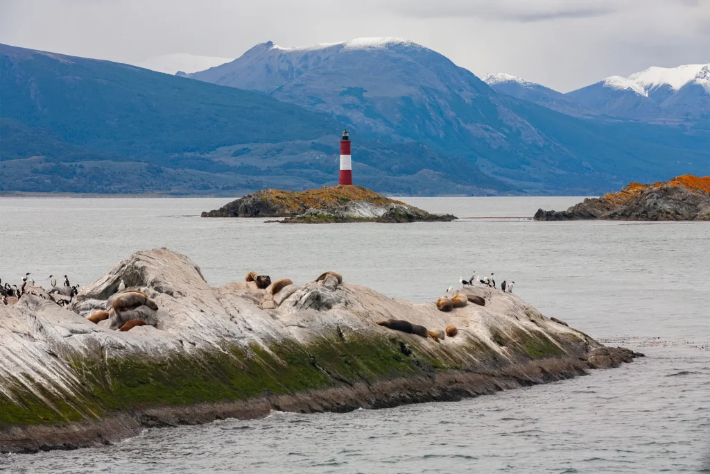 Faro y lobos marinos en los canales australes de Tierra del Fuego, en el extremo sur del continente junto al Estrecho de Magallanes