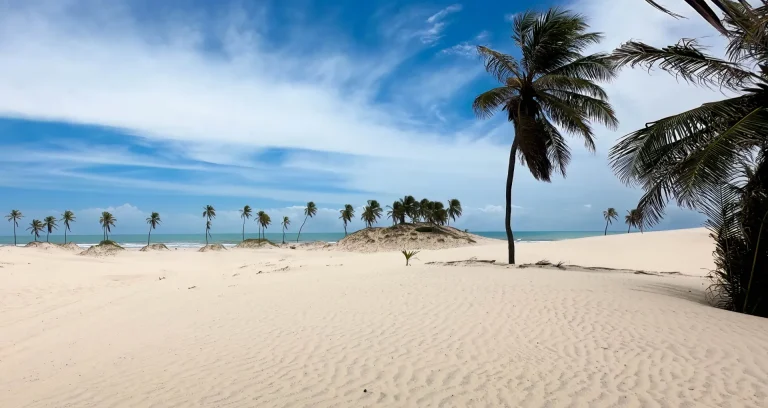 Playa de arena blanca con dunas y cocoteros del litoral nordestino, similar a las playas de Natal, Brasil