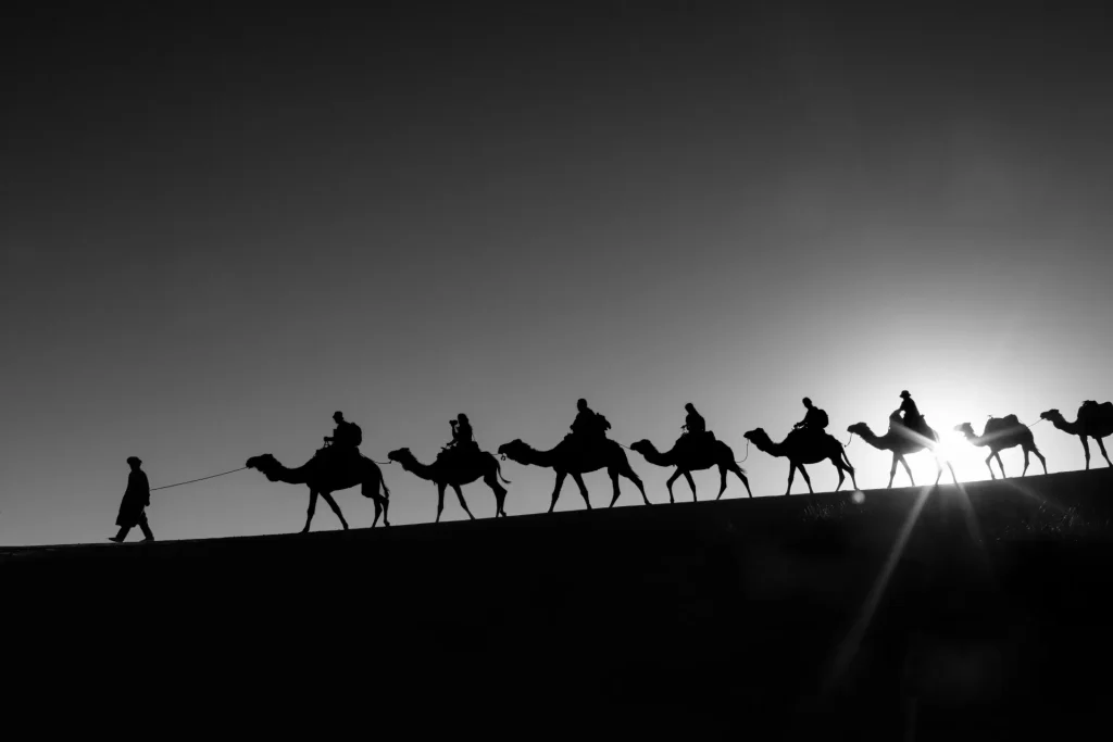 Caravana de camellos cruzando las dunas del desierto del Sahara