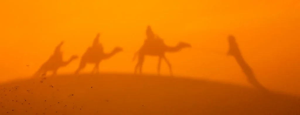 Sombra de una caravana de camellos sobre las dunas del Sahara