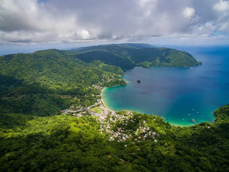 Vista aérea de la bahía Man-O-War en la costa noreste de Tobago, Trinidad y Tobago