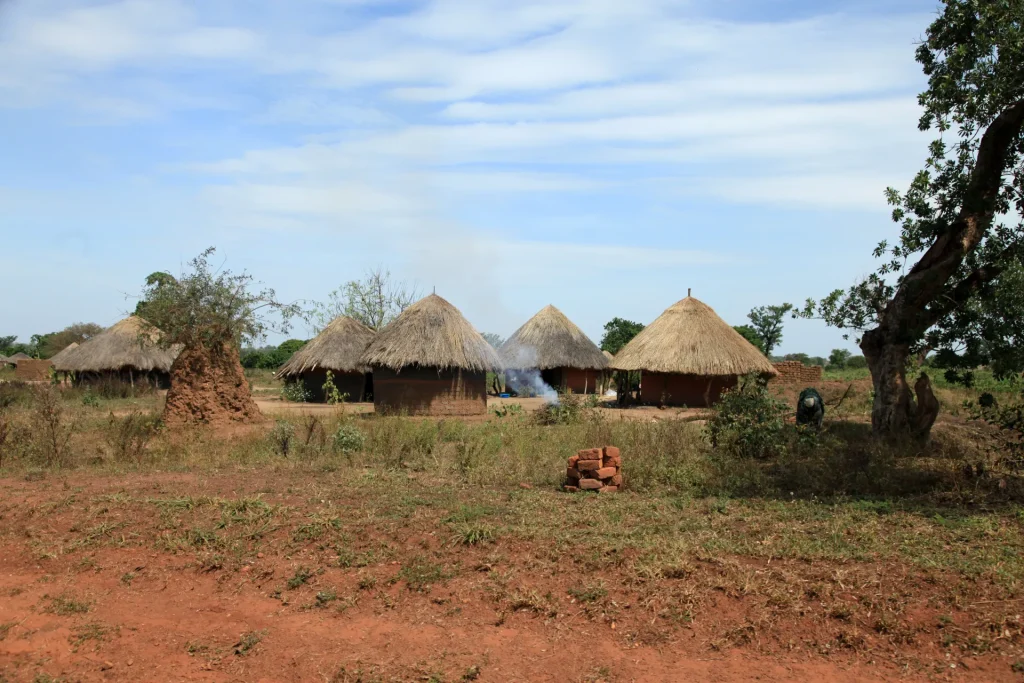 Chozas tradicionales con techo de paja en el campo de Uganda