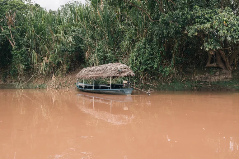 Bote con techo de palma en el río Mayo, región San Martín cercana a Tarapoto, Perú